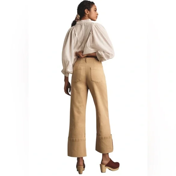 Pilcro Anthropologie Womens 28 Relaxed Cuffed Pants Khaki Wide Leg High Rise Tan - Picture 2 of 10